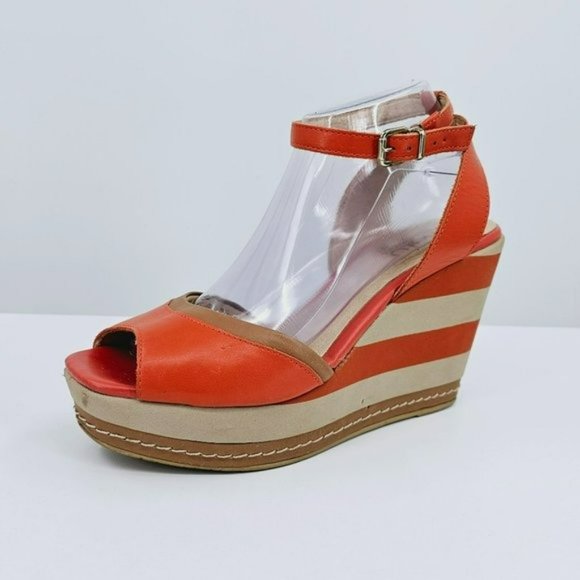 Malu Wedge Sandals 10 Super Comfort Orange Tan Stripe Tall Open Toe Ankle Straps - Picture 1 of 13